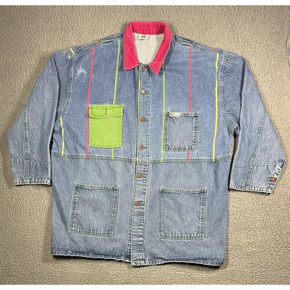 Vintage Cross Colours Jacket Mens Large Blue Denim Pink Collar Made USA 90s